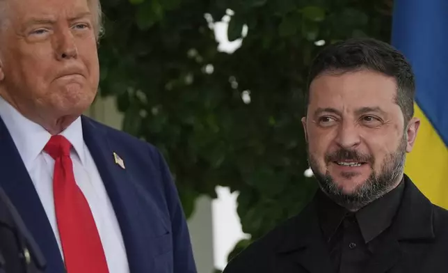 President Donald Trump greets Ukraine's President Volodymyr Zelenskyy at the White House, Monday, Aug. 18, 2025, in Washington. (AP Photo/Julia Demaree Nikhinson)
