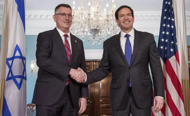 Secretary of State Marco Rubio, right, meets with Israeli Foreign Minister Gideon Sa'ar, at the State Department in Washington, Wednesday, Aug. 27, 2025. (AP Photo/Cliff Owen)
