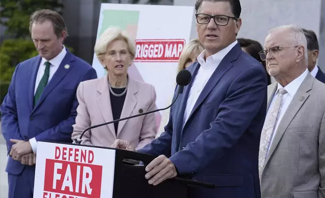 California state Senate Republican leader Brian Jones of San Diego speaks against a package of measures to redraw the state's Congressional districts and put new maps before voters in a special election, during a news conference in Sacramento, Calif.., Thursday, Aug. 21, 2025. (AP Photo/Rich Pedroncelli)