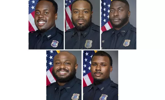 FILE - This combination of images provided by the Memphis, Tenn., Police Department shows, from left top, Police Officers Tadarrius Bean, Demetrius Haley, Emmitt Martin III, bottom row from left, Desmond Mills, Jr. and Justin Smith. (Memphis Police Department via AP, File)