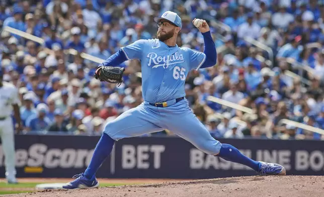 Kansas City Royals pitcher Noah Cameron (65) throws against the Toronto Blue Jays during second inning MLB baseball action in Toronto, on Saturday, Aug. 2, 2025. (Sammy Kogan/The Canadian Press via AP)