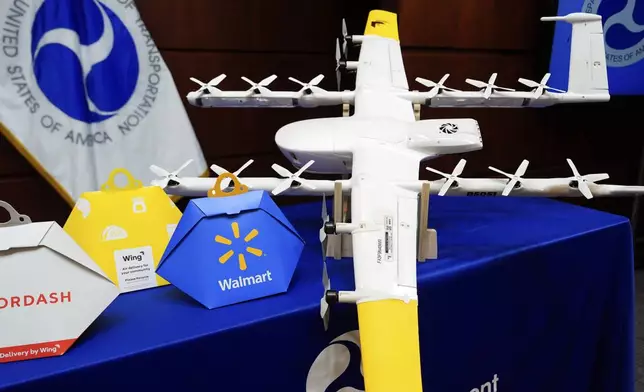 A drone is displayed before a news conference at the Department of Transportation on new drone regulations, Tuesday, Aug. 5, 2025, in Washington. (AP Photo/Julia Demaree Nikhinson)