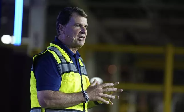 Ford CEO Jim Farley speaks at the Louisville Assembly Plant, Monday, Aug. 11, 2025, in Louisville, Ky. (AP Photo/Darron Cummings)