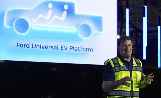 Ford CEO Jim Farley speaks at the Louisville Assembly Plant, Monday, Aug. 11, 2025, in Louisville, Ky. (AP Photo/Darron Cummings)