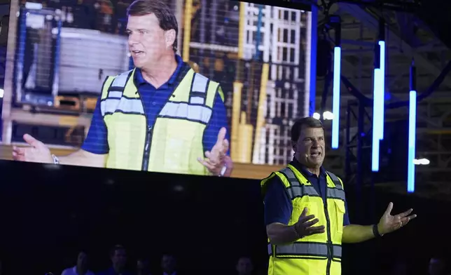 Ford CEO Jim Farley speaks at the Louisville Assembly Plant, Monday, Aug. 11, 2025, in Louisville, Ky. (AP Photo/Darron Cummings)