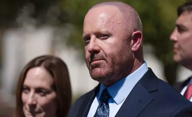 Mathew Bowyer, who pled guilty a year ago to running an illegal gambling business, money laundering and filing a false tax return, speaks at a news conference outside federal court, Friday, Aug. 29, 2025, in Santa Ana, Calif., following his sentencing to 12 months and one day in prison. (AP Photo/Jae C. Hong)