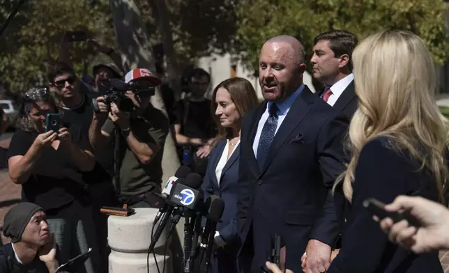 Mathew Bowyer, who pled guilty a year ago to running an illegal gambling business, money laundering and filing a false tax return, speaks at a news conference outside federal court, Friday, Aug. 29, 2025, in Santa Ana, Calif., following his sentencing to 12 months and one day in prison. (AP Photo/Jae C. Hong)