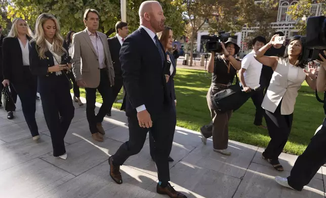 Mathew Bowyer, a Southern California bookmaker who took thousands of sports bets from the former interpreter for baseball star Shohei Ohtani, arrives at federal court for sentencing, Friday, Aug. 29, 2025, in Santa Ana, Calif. (AP Photo/Jae C. Hong)
