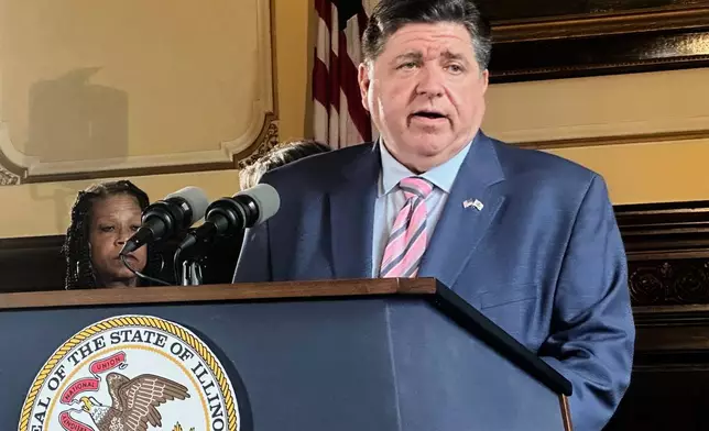 Gov. JB Pritzker speaks to reporters in the state Capitol, Tuesday, Aug. 12, 2025, in Springfield, Ili. (John O'Connor/AP)