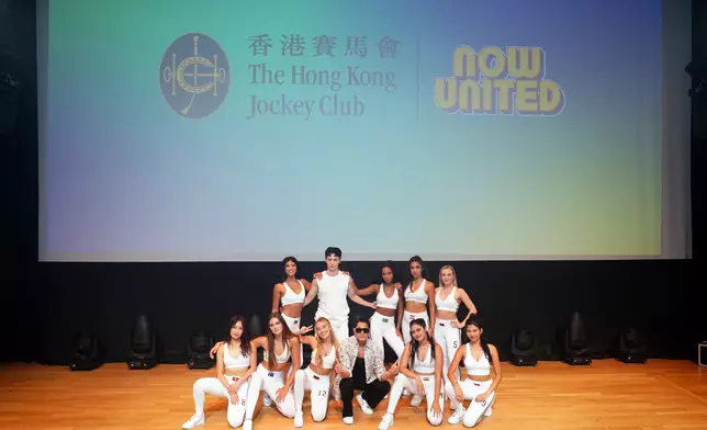 HKJC’s Rising Stars Ambassador Aaron Kwok ( centre) with Now United’s new Hong Kong, China member Ariel Tsang and other group members.