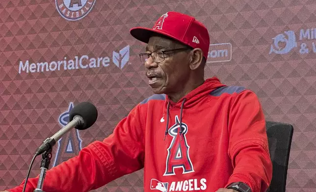 Los Angeles Angels manager Ron Washington speaks to reporters prior to a baseball game against the Texas Rangers, Monday, Aug. 25, 2025, in Arlington, Texas. (AP Photo/Stephen Hawkins)