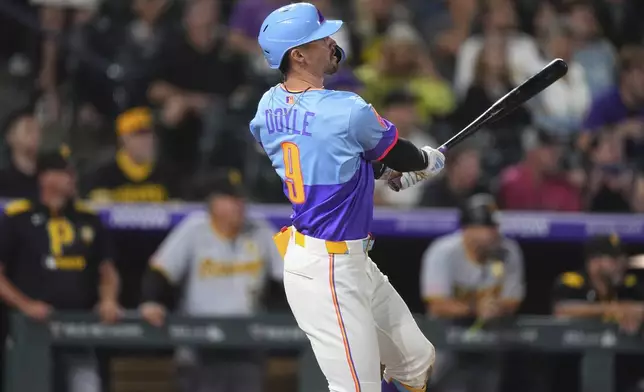 Colorado Rockies' Brenton Doyle follows the flight of his two-run walkoff home run off Pittsburgh Pirates relief pitcher Dennis Santana in the ninth inning of a baseball game Friday, Aug. 1, 2025, in Denver. (AP Photo/David Zalubowski)
