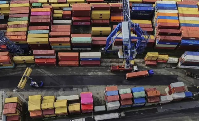 Containers are piled up in a cargo terminal in Frankfurt, Germany, Friday, Aug. 1, 2025. (AP Photo/Michael Probst)