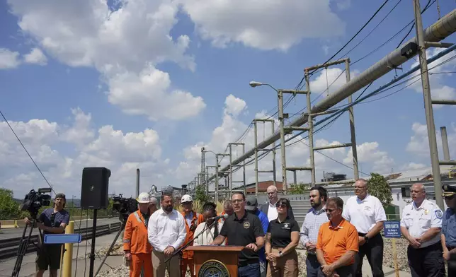 Pennsylvania Governor Josh Shapiro talks with media at the Clairton Coke Works, a U.S. Steel plant, in Clairton, Pa., Tuesday, Aug. 12, 2025. (AP Photo/Gene J. Puskar)