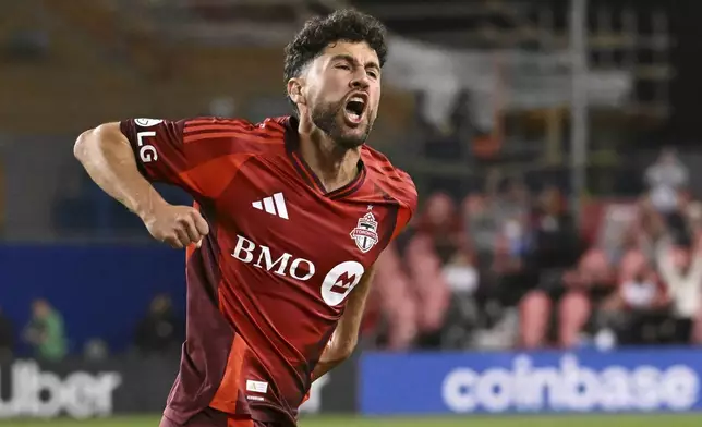 Toronto FC's Jonathan Osorio celebrates a goal against CF Montreal during second half MLS soccer action in Toronto on Saturday, August 30, 2025. (Jon Blacker/The Canadian Press via AP)