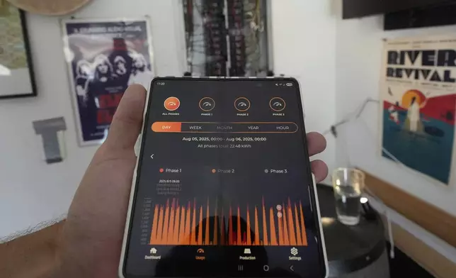 The app controller for a newly installed Craftstrom Solar plug-in kit is shown at the home of Bhavin Misra Tuesday, Aug. 5, 2025, in Houston. (AP Photo/David J. Phillip)