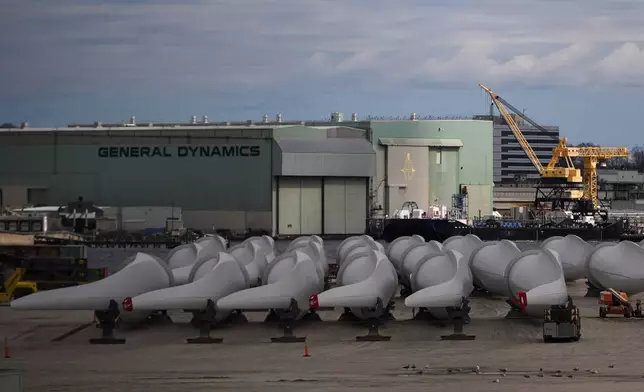 FILE - Wind turbine components sit at New London State Pier, April 16, 2025, in New London, Conn. (AP Photo/Julia Demaree Nikhinson, File)