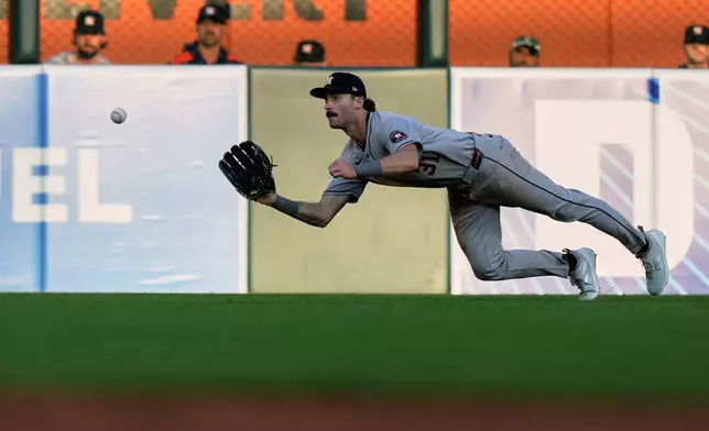 Houston Astros center fielder Jacob Melton catches a line-out by Detroit Tigers designated hitter Riley Greene during the third inning of a baseball game Monday, Aug. 18, 2025, in Detroit. (AP Photo/Ryan Sun)