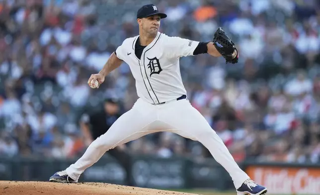 Detroit Tigers starting pitcher Jack Flaherty throws during the first inning of a baseball game against the Houston Astros, Monday, Aug. 18, 2025, in Detroit. (AP Photo/Ryan Sun)