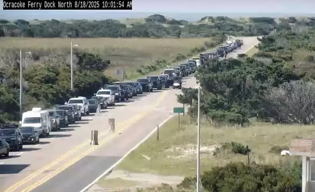 CORRECTS LOCATION: In this image taken from the North Carolina Department of Transportation camera, cars are lined up to evacuate via ferry from Ocracoke Island to Hatteras Island, N.C., Monday, Aug. 18, 2025, due to the expected impact of Hurricane Erin. (North Carolina Department of Transportation via AP)