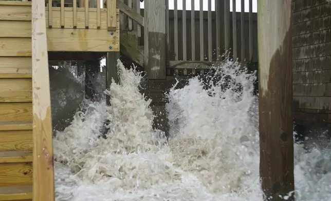 Sea water from Hurricane Erin surges under the Cape Hatteras Motel in Buxton, N.C., on Wednesday, Aug. 20, 2025. (AP Photo/Allen G. Breed)
