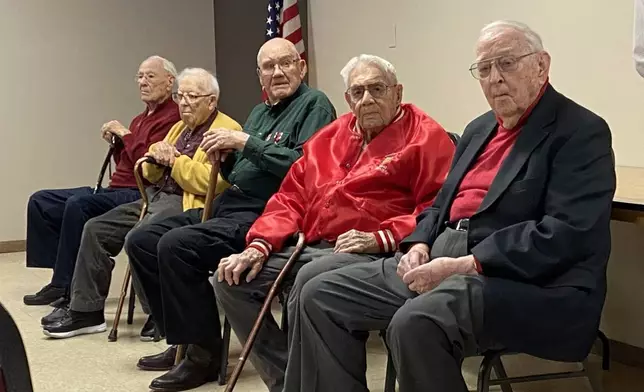 World War II veterans (from left) Orval Legget, Frank Smith, Keith Goman, Donald McPherson and Donavan Diller received 80 Years of Victory medals Friday at the Veterans Club. (Christina Lyons/Beatrice Daily Sun via AP)
