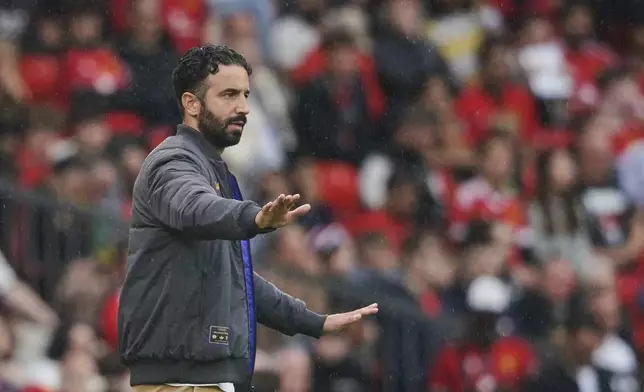 Manchester United's head coach Ruben Amorim during the English Premier League soccer match between Manchester United and Burnley at Old Trafford stadium in Manchester, England, Saturday, Aug. 30, 2025. (AP Photo/Ian Hodgson)
