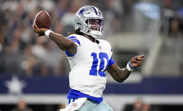 Dallas Cowboys quarterback Joe Milton III throws a pass against the Atlanta Falcons during the first half of a preseason NFL football game Friday, Aug. 22, 2025, in Arlington, Texas. (AP Photo/Tony Gutierrez)