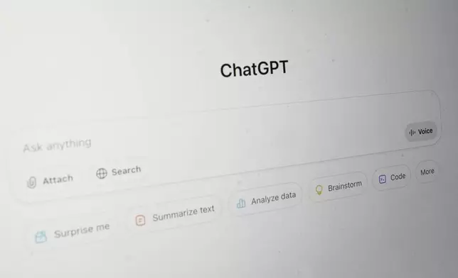 Chat GPT's landing page is seen on a computer screen, Monday, Aug. 4, 2025, in Chicago. (AP Photo/Kiichiro Sato)