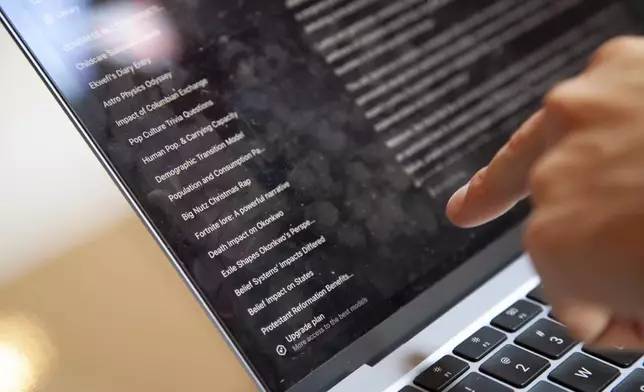 FILE - ChatGPT history by a teenager is seen at a coffee shop in Russellville, Ark., on July 15, 2025. (AP Photo/Katie Adkins, File)