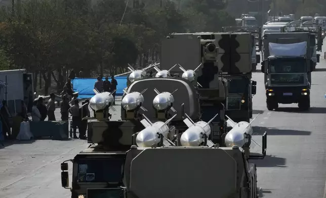 FILE—Missiles are displayed by Iranian Revolutionary Guard during an annual armed forces parade in front of the shrine of the late revolutionary founder Ayatollah Khomeini, just outside Tehran, Iran, Sept. 21, 2024. (AP Photo/Vahid Salemi, File)