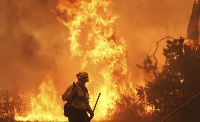 A firefighter battles the Canyon Fire on Thursday, Aug. 7, 2025, in Hasley Canyon, Calif. (AP Photo/Marcio Jose Sanchez)