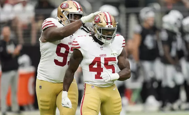 San Francisco 49ers linebacker Nick Martin (45) celebrates after sacking Las Vegas Raiders quarterback Aidan O'Connell during the first half of a preseason NFL football game Saturday, Aug. 16, 2025, in Las Vegas. (AP Photo/John Locher)