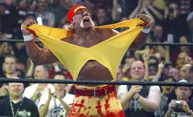 FILE - in this April 3, 2005, file photo, Hulk Hogan fires up the crowd between matches during WrestleMania 21 in Los Angeles. (AP Photo/Chris Carlson, File)