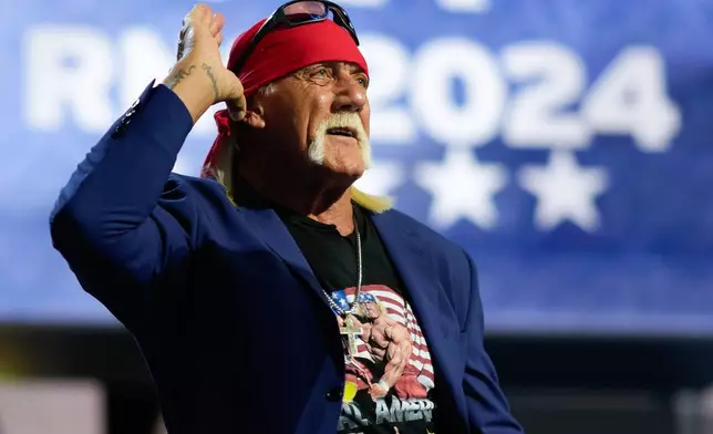 FILE - Professional entertainer and wrestler, Hulk Hogan, speaks during the Republican National Convention, Thursday, July 18, 2024, in Milwaukee. (AP Photo/Julia Nikhinson, File)