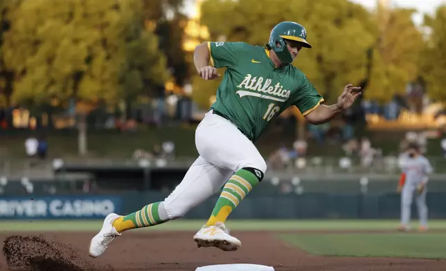 Athletics' Nick Kurtz rounds third base before scoring during the first inning of a baseball game against the Detroit Tigers Wednesday, Aug. 27, 2025, in West Sacramento, Calif. (AP Photo/Sergio Estrada)