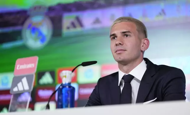 Real Madrid's new signing Argentine soccer player Franco Mastantuono attends during a press conference during his official presentation at Real Madrid's Valdebebas training ground in Madrid, Spain, Thursday, Aug. 14, 2025. (AP Photo/Manu Fernandez)