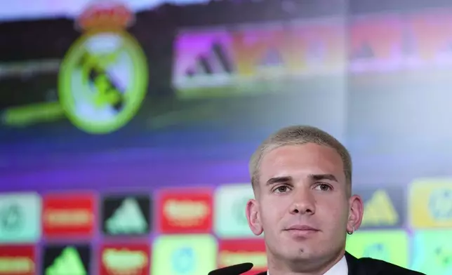 Real Madrid's new signing Argentine soccer player Franco Mastantuono attends a press conference during his official presentation at Real Madrid's Valdebebas training ground in Madrid, Spain, Thursday, Aug. 14, 2025. (AP Photo/Manu Fernandez)