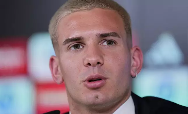 Real Madrid's new signing Argentine soccer player Franco Mastantuono attends a press conference during his official presentation at Real Madrid's Valdebebas training ground in Madrid, Spain, Thursday, Aug. 14, 2025. (AP Photo/Manu Fernandez)