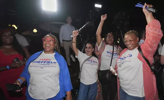 Supporters of Detroit mayoral candidate Mary Sheffield cheer at a campaign watch party Tuesday, Aug. 5, 2025, in Detroit. (AP Photo/Ryan Sun)