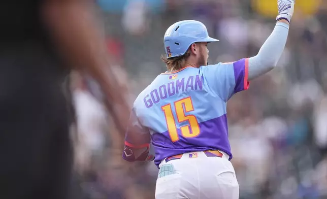 Colorado Rockies' Hunter Goodman gestures to the bullpen as he circles the bases after hitting a solo home run off Arizona Diamondbacks starting pitcher Brandon Pfaadt in the first inning of a baseball game Friday, Aug. 15, 2025, in Denver. (AP Photo/David Zalubowski)