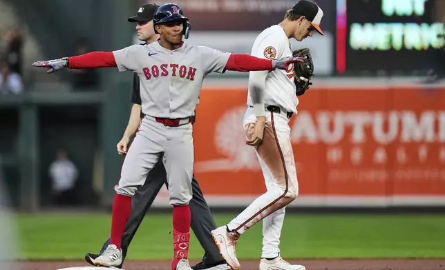 Boston Red Sox's Ceddanne Rafaela, left, celebrates after hitting a double during the fourth inning of a baseball game against the Baltimore Orioles, Wednesday, Aug. 27, 2025, in Baltimore. (AP Photo/Stephanie Scarbrough)