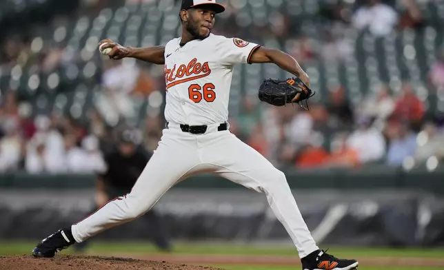 Baltimore Orioles relief pitcher Roansy Contreras (66) delivers during the fourth inning of a baseball game Boston Red Sox, Wednesday, Aug. 27, 2025, in Baltimore. (AP Photo/Stephanie Scarbrough)