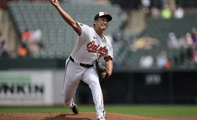 Baltimore Orioles starting pitcher Tomoyuki Sugano delivers during the first inning of a baseball game against the Seattle Mariners, Thursday, Aug. 14, 2025, in Baltimore. (AP Photo/Stephanie Scarbrough)