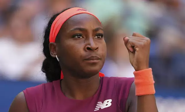 Coco Gauff, of the United States, reacts after winning a point during the third round of the U.S. Open tennis championships, Saturday, Aug. 30, 2025, in New York. (AP Photo/Kirsty Wigglesworth)