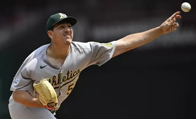 Athletics starting pitcher Jacob Lopez throws during the second inning of a baseball game against the Washington Nationals, Thursday, Aug. 7, 2025, in Washington. (AP Photo/John McDonnell)