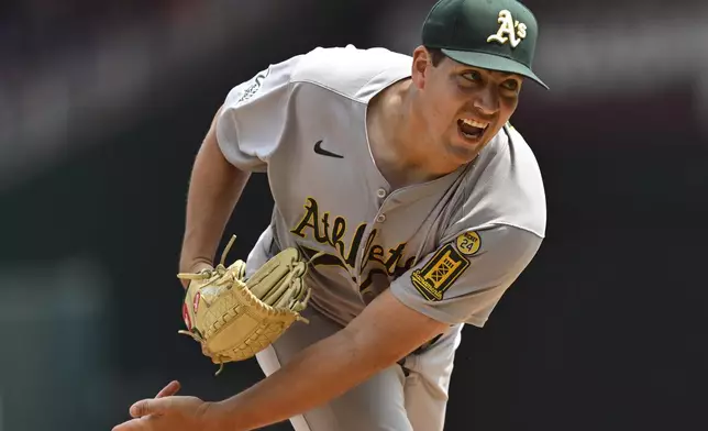 Athletics starting pitcher Jacob Lopez follows through on a pitch during the second inning of a baseball game against the Washington Nationals, Thursday, Aug. 7, 2025, in Washington. (AP Photo/John McDonnell)