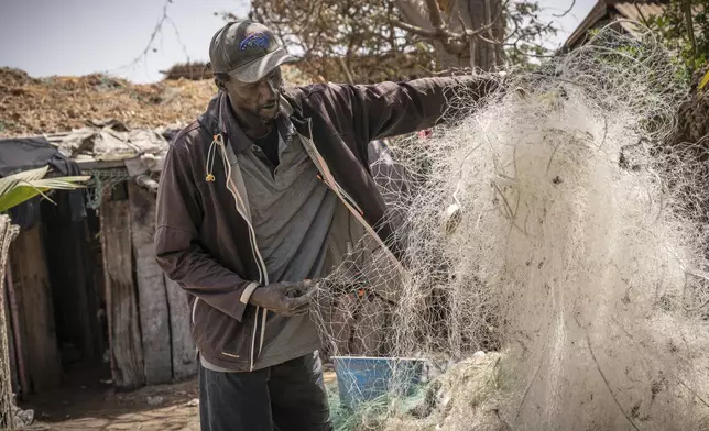 CORRECTS SPELLING TO NDURE NOT NUDURE Famara Ndure, a fisherman for more than 40 years, inspects what is left of his fishing nets which were damaged at sea by trawlers, in Gunjur, Gambia, on March 23, 2025. (AP Photo/Grace Ekpu)