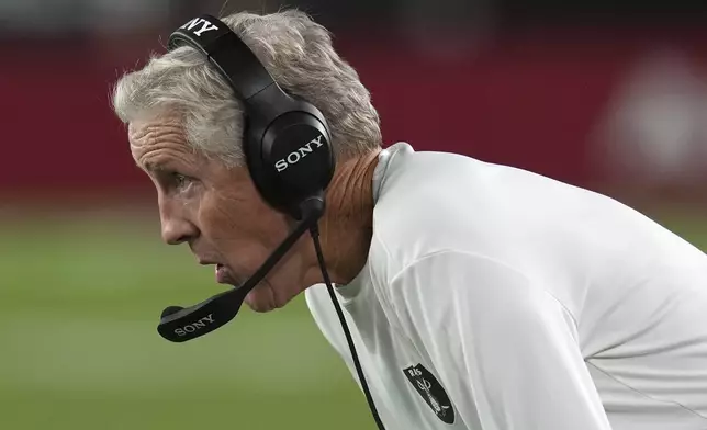Las Vegas Raiders head coach Pete Carroll watches play during the first half of an NFL preseason football game agaisnt the Arizona Cardinals, Saturday, Aug. 23, 2025, in Glendale. (AP Photo/Rick Scuteri)