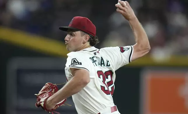Arizona Diamondbacks starting pitcher Brandon Pfaadt throws against the San Diego Padres during the fifth inning of a baseball game Monday, Aug. 4, 2025, in Phoenix. (AP Photo/Ross D. Franklin)